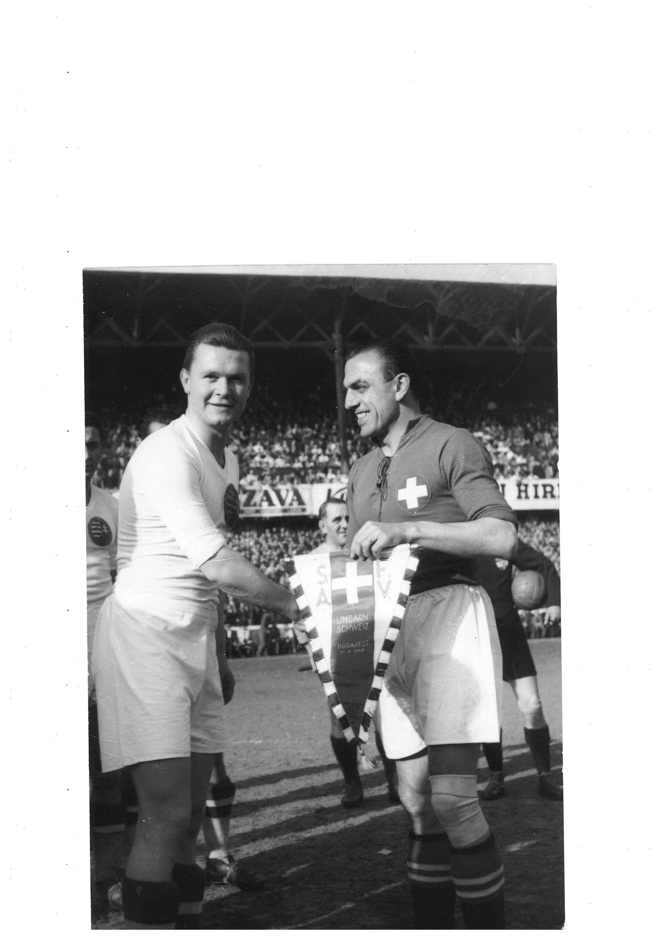 Pennants exchange before the match Hungary vs Switzerland played in 1948
