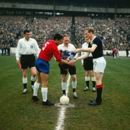 Pennants exchange before the friendly match Scotland vs Spain played in the 60s