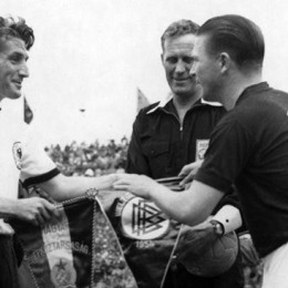 Pennants exchange before the RIMET World Cup 1954 final Hungary vs West Germany
