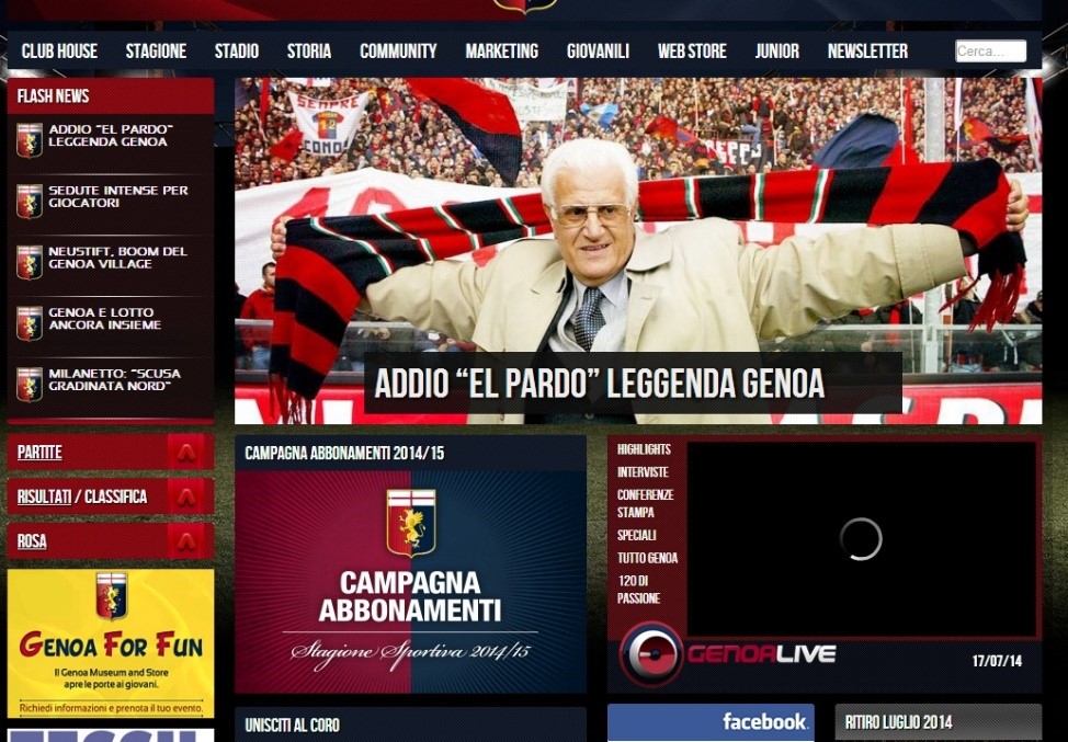 La home page del sito del Genoa all’indomani della scomparsa di Abbadie nel 2014